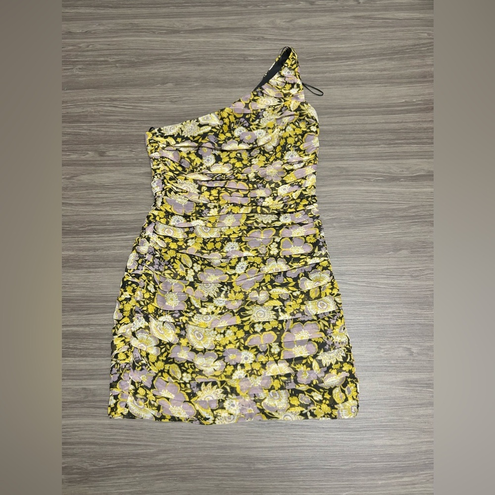 ZARA One Shoulder Floral Mini Dress Metallic Purple, Black, Luxury Shine Size XS